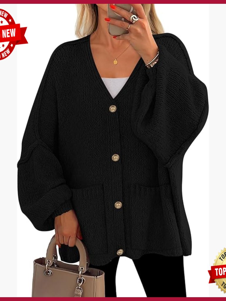 Chunky Button Front Lantern Sleeve Cardigan With Pockets